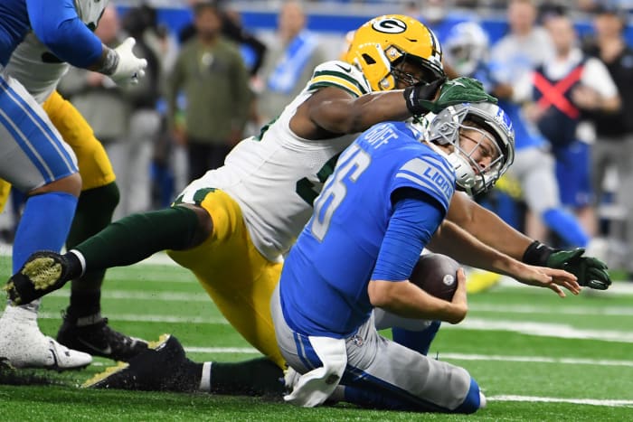 Kingsley Enagbare would have had a third sack in five games if not for hitting Jared Goff in the head. (Photo by Lon Horwedel/USA Today Sports)